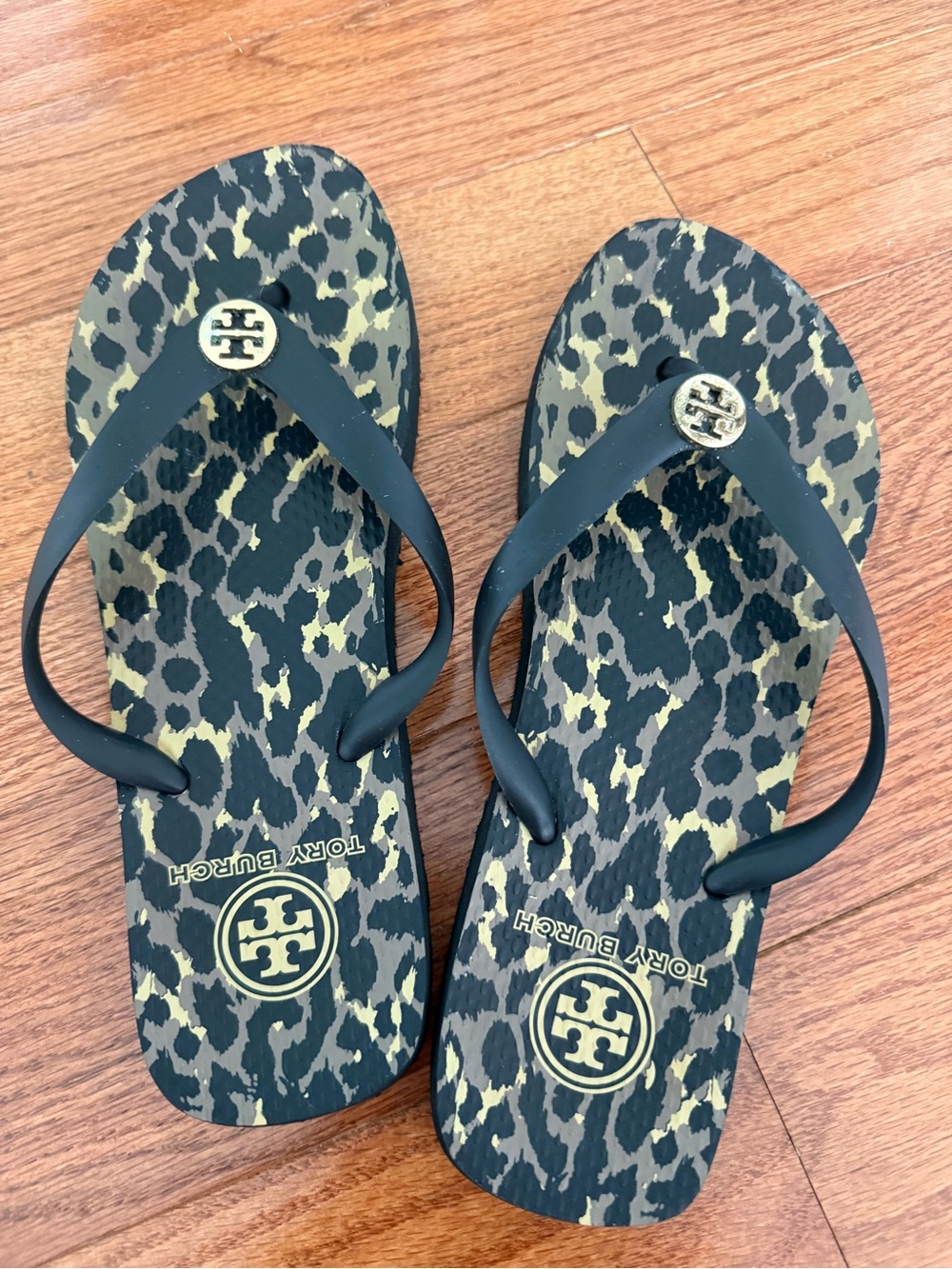 Tory Burch Leopard-Print Flip Flops in Black and Olive